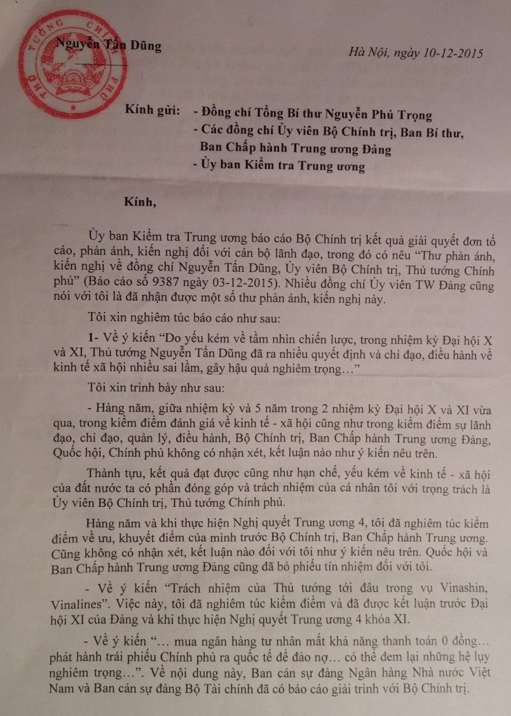 Trang số 1 trong Lá thư 9 trang của ông Nguyễn Tấn Dũng gửi cho ông Nguyễn Phú Trọng và Trung ương đảng ngày 10/12/2015