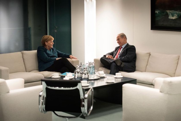 BERLIN, GERMANY - OCTOBER 21: German Chancellor Angela Merkel and Israeli Prime Minister Benjamin Netanyahu talk at the Federal Chancellery on October 21, 2015 in Berlin, Germany. (Photo by Guido Bergmann/Bundesregierung via Getty Images)