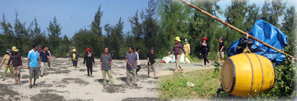 Người dân xã Tam Tiến tổ chức mang trống, canh gác khu vực cánh rừng đề phòng tiếp tục bị đốt, và ngăn chận không cho khởi công dự án.