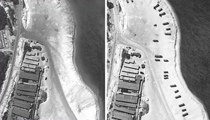 Hình vệ tinh trên đảo Phú Lâm hôm 3 Tháng 2 (trái) và hôm 14 Tháng 2 (Ảnh: ImageSat International)