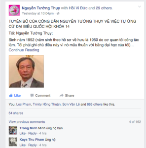 Nhà văn độc lập Nguyễn Tường Thuỵ, Hà Nội, tuyên bố tự ứng cử quốc hội 