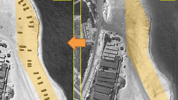 Hình vệ tinh đảo Phú Lâm chụp hôm 3 Tháng Hai (trái) và 14 Tháng 2 (phải). Ảnh: CNN