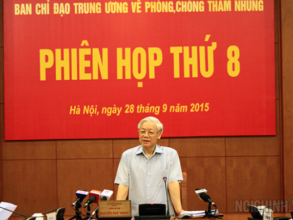 Ông Nguyễn Phú Trọng tuyên bố đưa 8 vụ án trọng điểm ra xét xử sơ thẩm trước Đại hội 12 tại buổi họp ngày 29 Tháng 9, 2015. (Hình: Người Lao Động)