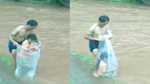 Hình ảnh học sinh tại tỉnh Điện Biên phải chui vào bao nilon vượt suối để đến trường. Ảnh: vnexpress