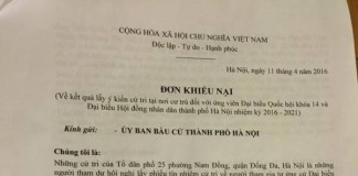 Đơn khiếu nại của cử tri Tổ dân phố 25 Phường Nam Đồng, Hà Nội