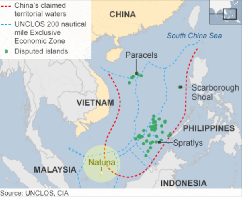 Indonesia và Trung Quốc tranh chấp chủ quyền quần đảo Natuna.