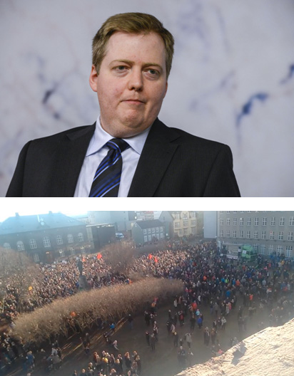 Hình trên: Thủ Tướng Sigmundur David Gunnlaugsson của Iceland. (hình: AP) Hình dưới: Chỉ sau 2 giờ tin tức loan tải, hàng ngàn dân chúng Iceland biểu tình đòi thủ tướng từ chức (hình: Iceland FaceBooker) 
