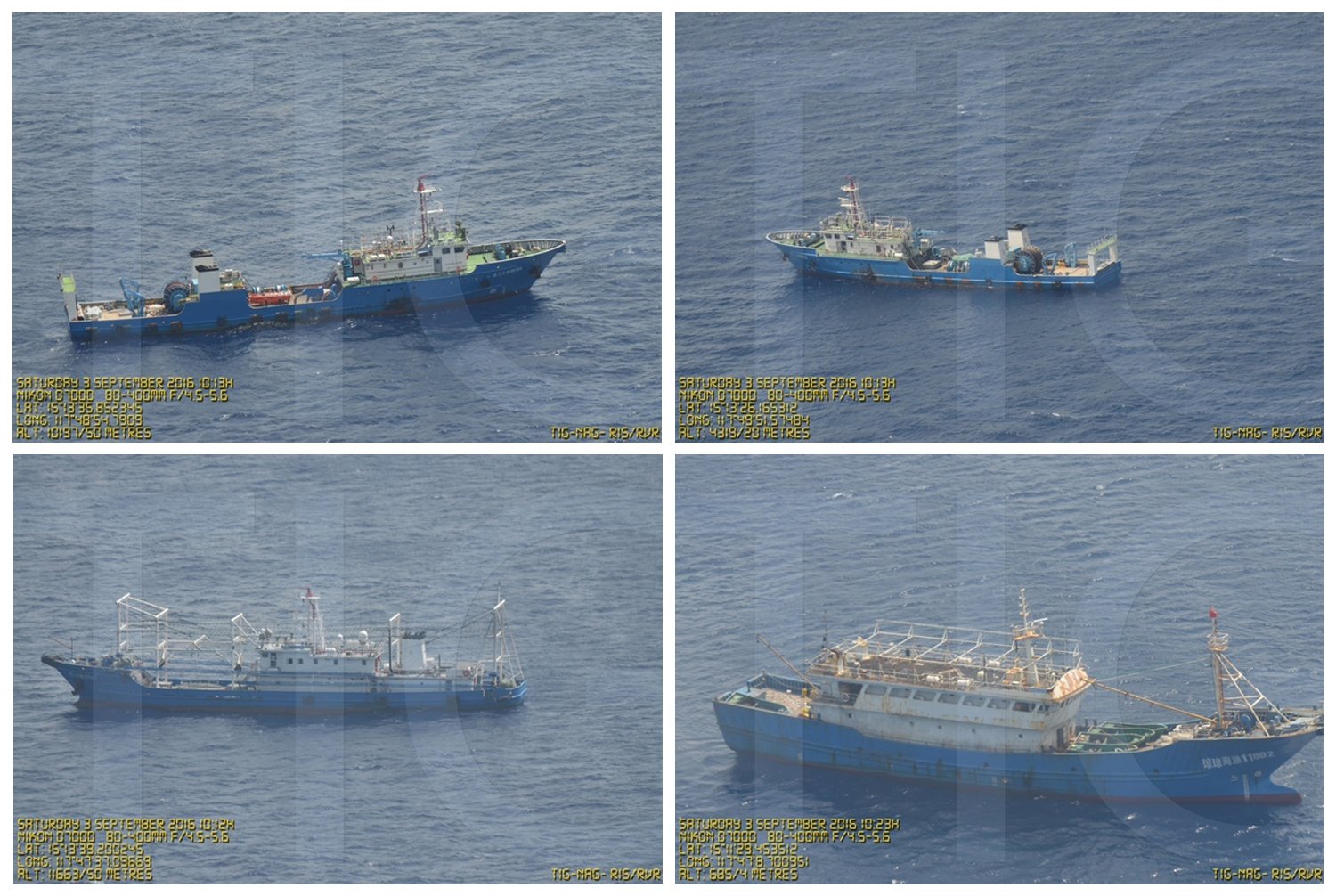 Hình chụp ngày 3 tháng 9, 2016 của chính quyền Phi Luật Tân cung cấp cho thấy tàu tuần duyên và xà lan Trung Quốc ở bãi cát Scarborough. Ảnh: AP