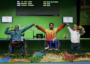 2016 Rio Paralympics - Powerlifting Final - Men's -49kg Victory Ceremony - Riocentro Pavilion 2 - Rio de Janeiro, Brazil - 08/09/2016. From left, Omar Qarada (JOR) of Jordan holds his silver medal, Le Van Cong (VIE) of Vietnam holds his gold medal and Nandor Tunkel (HUN) of Hungary holds his bronze medal following men's Paralympic Powerlifting competition. REUTERS/Ueslei Marcelino FOR EDITORIAL USE ONLY. NOT FOR SALE FOR MARKETING OR ADVERTISING CAMPAIGNS.