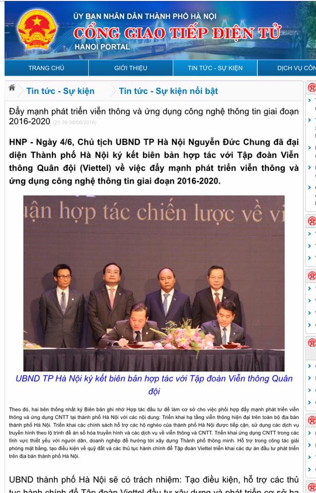 Ảnh chụp bản tin trên trang web của UBND TP. Hà Nội loan tin buổi ký kết hợp tác đầu tư giữa UBND Hà Nội và Viettel diễn ra ngày 4/6/2016. Ảnh: FB Nguyen Anh Tuan