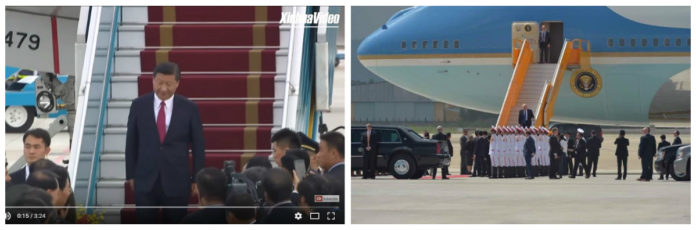 Hà Nội muốn nói gì qua các hình thức đón tiếp khác nhau dành cho Chủ tịch nước TQ Tập Cận Bình (trái) và TT Mỹ Donald Trump (phải) khi họ xuống máy bay tại phi trường Đà Nẵng để dự APEC 2017? Nguồn ảnh: New China TV & congly.vn