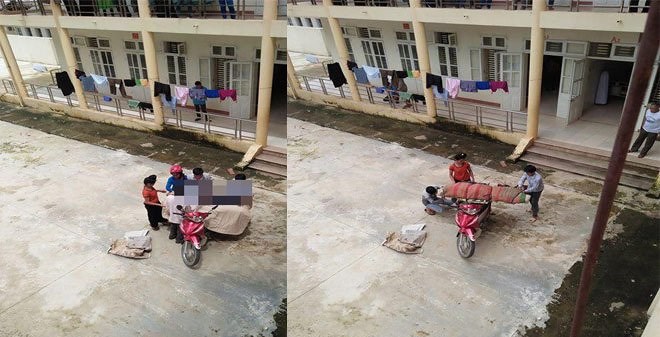 Người nhà bó xác người chết và cho lên xe máy chở từ bệnh viện Sơn La về nhà hôm 8/6/2016. Ảnh: Báo Mới