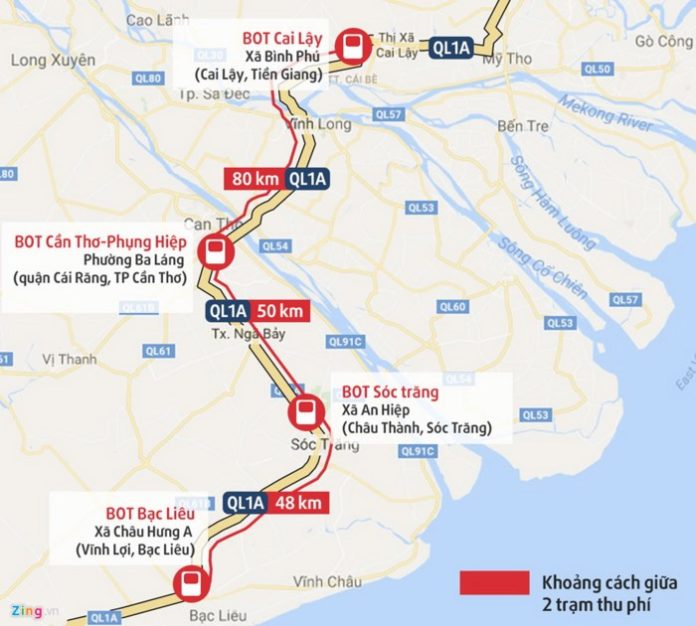 Vị trí 4 trạm thu phí trên quốc lộ 1 đặt tại Bạc Liêu, Sóc Trăng, Cần Thơ và Tiền Giang. Đồ họa: Minh Trí/Báo Mới
