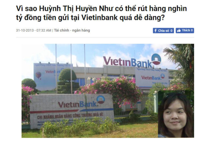 Vụ án bà Huyền Như, Giám đốc Phòng Giao dịch của Ngân hàng Công thương (Vietinbank) chiếm đoạt 4.000 tỉ đồng của khách hàng ký gởi ngân hàng. Ảnh: Screenshot Cafef.vn