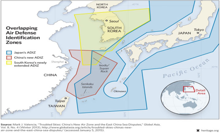 Các vùng ADIZ của Nhật, Nam Hàn và Trung cộng công bố chồng lấn nhau ở Biển Hoa Đông. Ảnh: studies.aljazeera.net