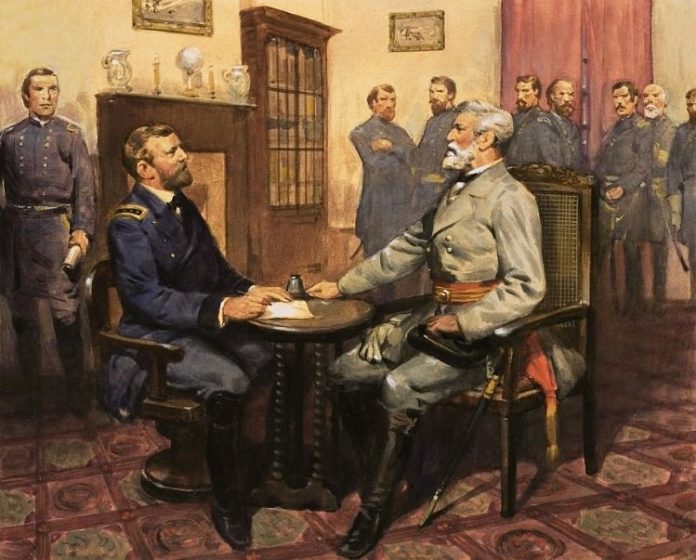 Tướng Lee của quân đội miền Nam đầu hàng Tướng Ulysses Grant của quân đội miền Bắc, đánh dấu kết thúc cuộc nội chiến Hoa Kỳ đã làm hơn 7 trăm ngàn người thiệt mạng. Ảnh: Dòng Đa Minh