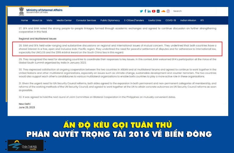 Lần đầu tiên Ấn Độ kêu gọi tuân thủ phán quyết trọng tài 2016 về biển Đông